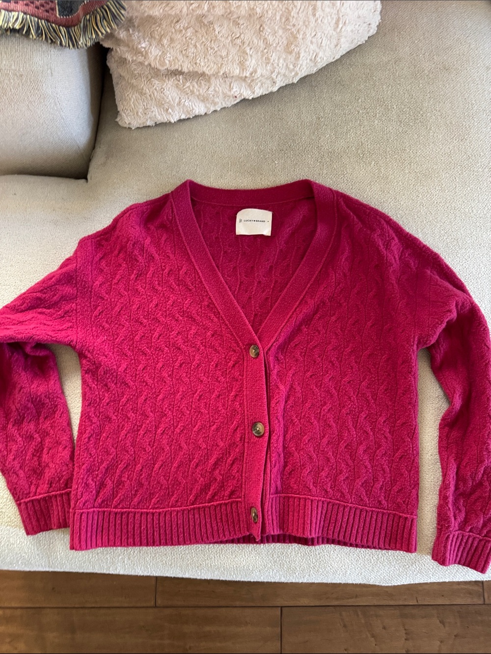 Lucky Brand Cable Knit V‑Neck Cardigan - Fuchsia Pink woman’s M